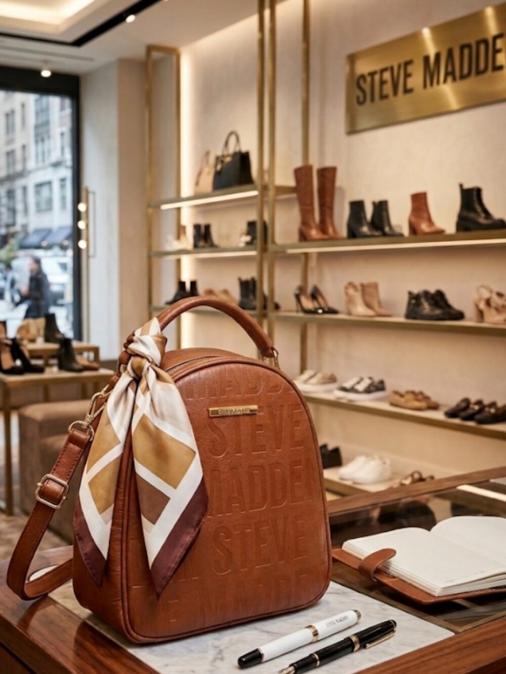 Steve Madden Luxe Cognac Monogram Backpack | Quiet Luxury Chic |Scarf Accent Bag